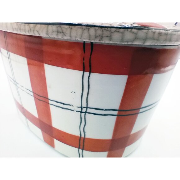 Red Plaid Storage Container Hand Painted Ceramic Crazed Vintage Takito Company - Picture 9 of 16